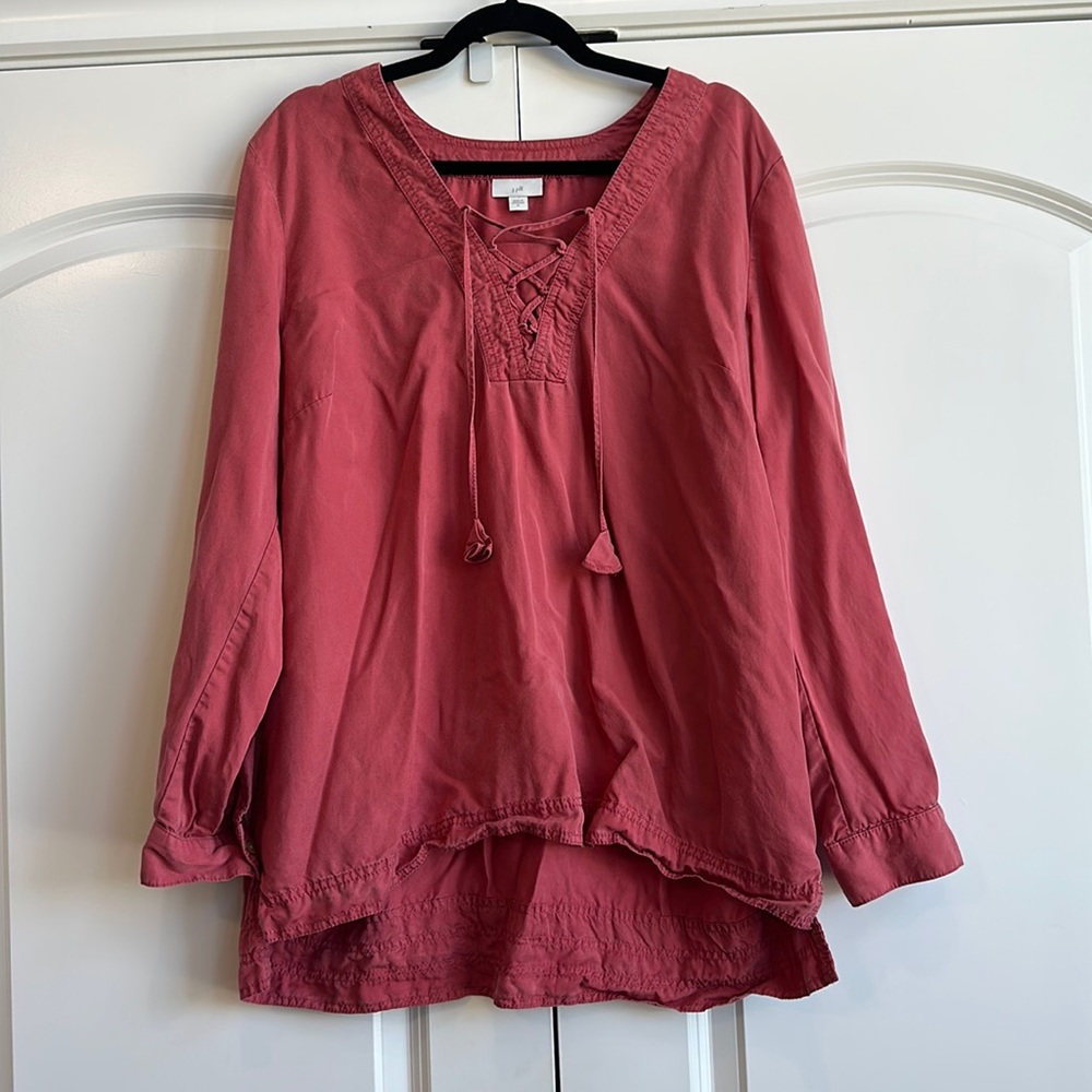 J.Jill Dusty Pink Lace Up Long Sleeve Popover Top